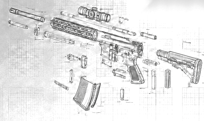 Engineering-style exploded technical illustration of a modular firearm platform